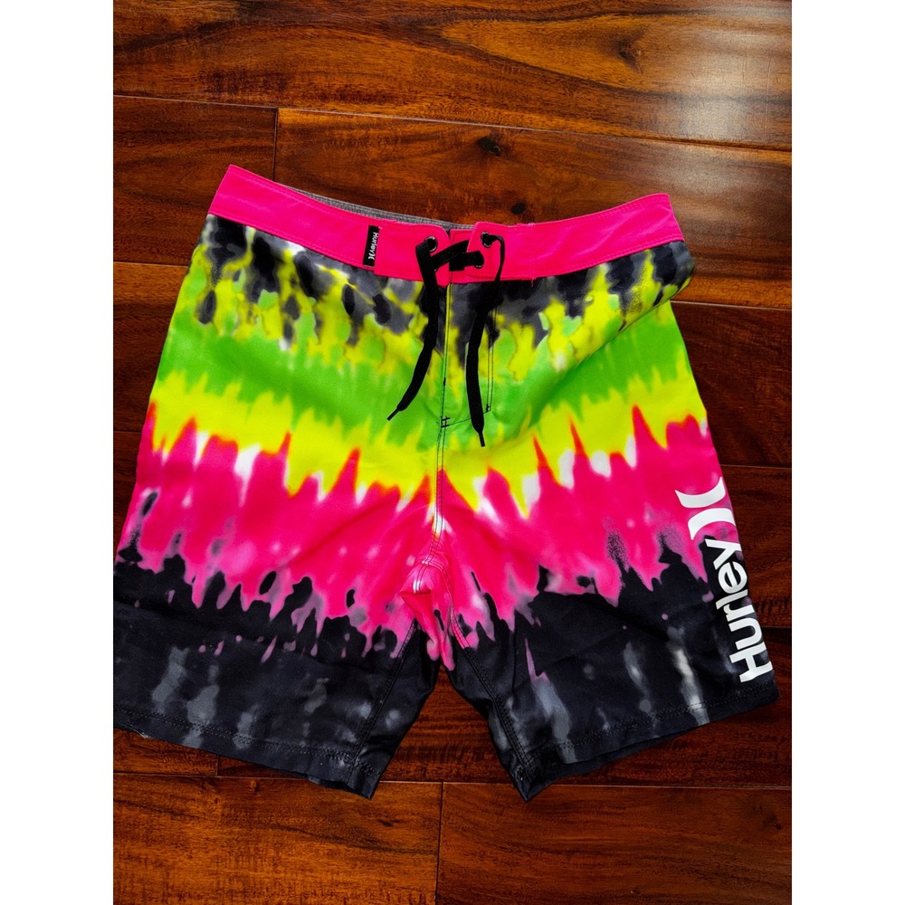 Hurley Board Shorts Boys 10/25 Neon Tie Dye Excellent Swim Trunks Logo Graphic